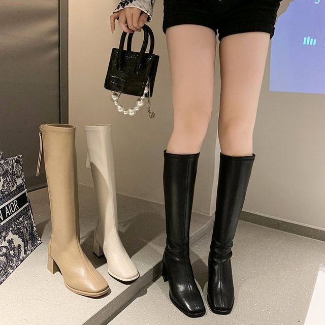 Boots Tall Faux Leather Block-Heel