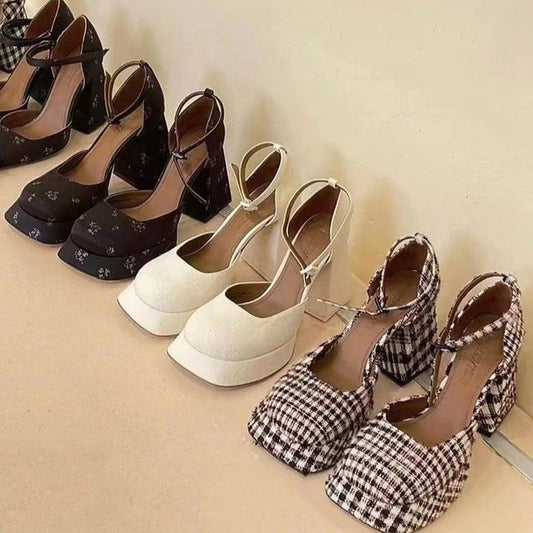 Square-Toe Ankle Block-Heel Pumps Strap