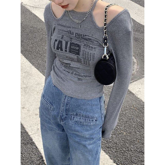 Cold-Shoulder Long-Sleeve Top Slim-Fit Print