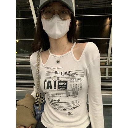 Cold-Shoulder Long-Sleeve Top Slim-Fit Print