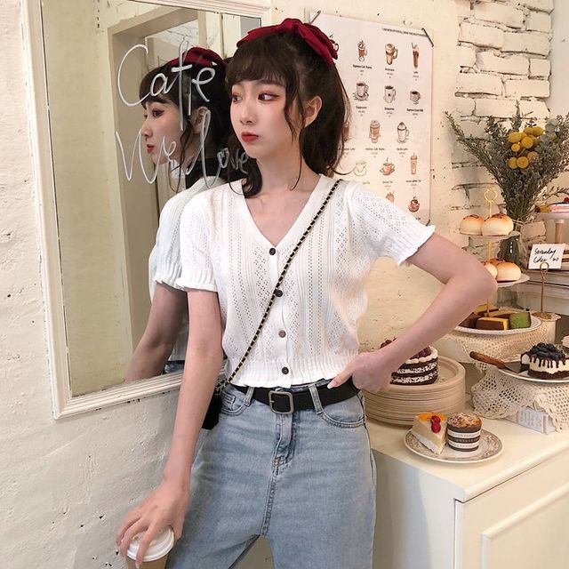 Perforated Top Knit Button-Up Short-Sleeve V-Neck