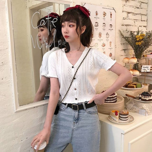 Perforated Top Knit Button-Up Short-Sleeve V-Neck