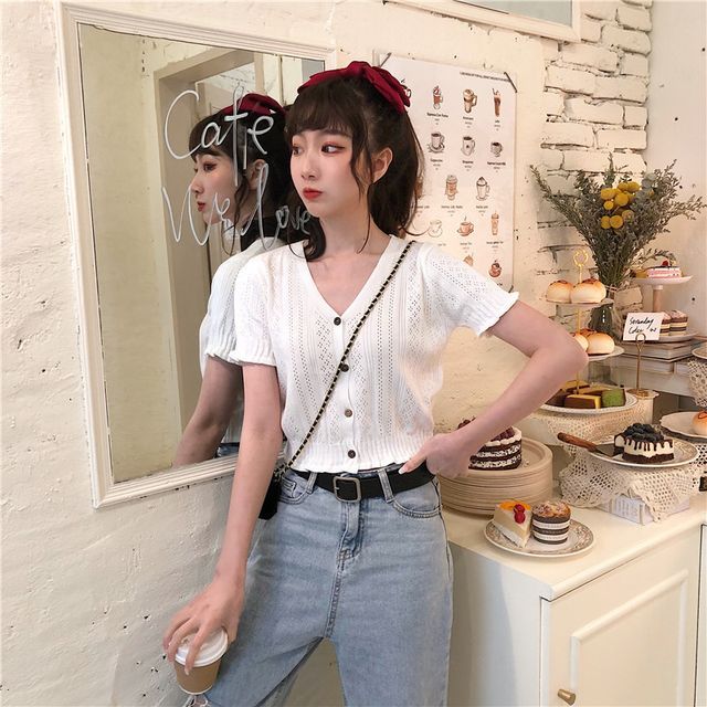 Perforated Top Knit Button-Up Short-Sleeve V-Neck