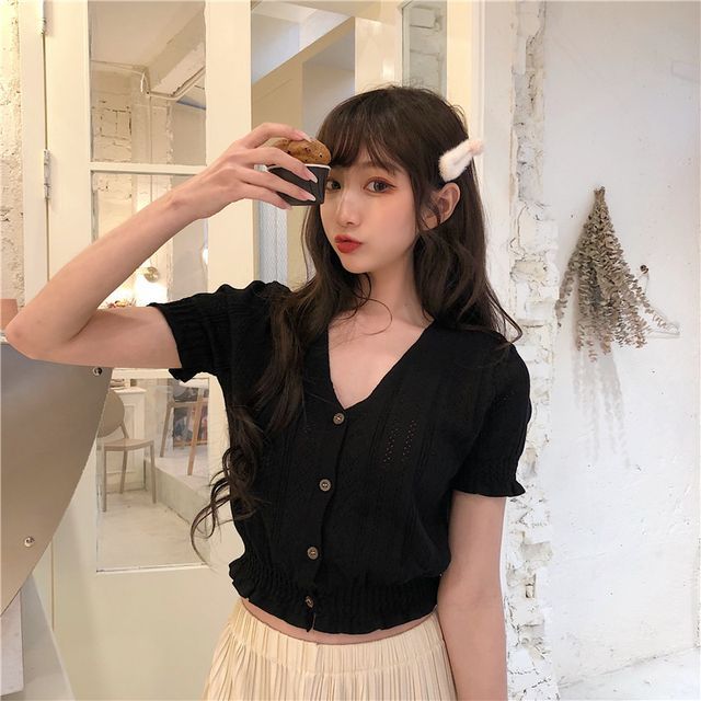 Perforated Top Knit Button-Up Short-Sleeve V-Neck