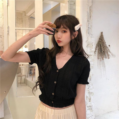 Perforated Top Knit Button-Up Short-Sleeve V-Neck