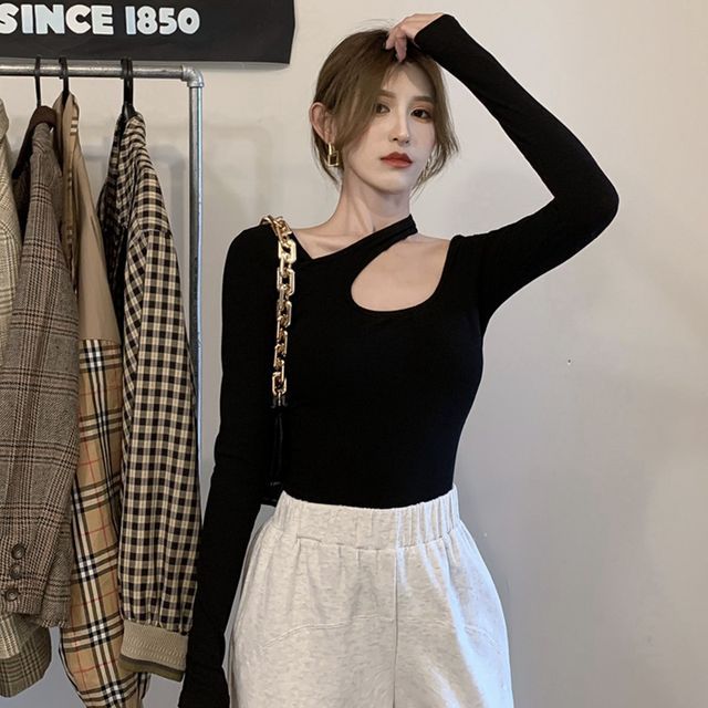 Cutout Asymmetrical Long-Sleeve Neck T-Shirt Plain