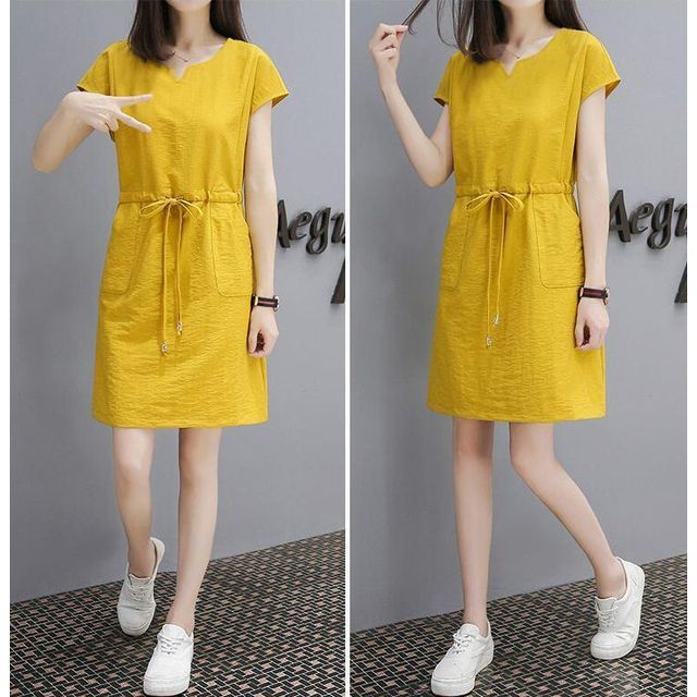 Plain Short-Sleeve Dress Mini V-Neck Drawstring-Waist A-Line