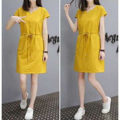 Plain Short-Sleeve Dress Mini V-Neck Drawstring-Waist A-Line