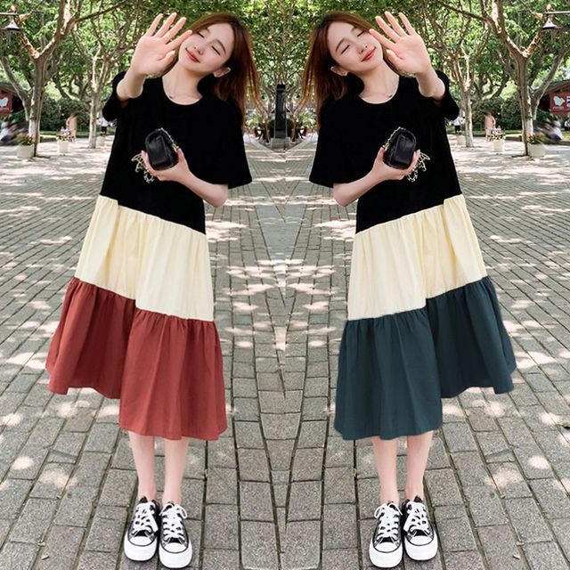 Dress Midi Block Short-Sleeve Crew Neck Color A-Line