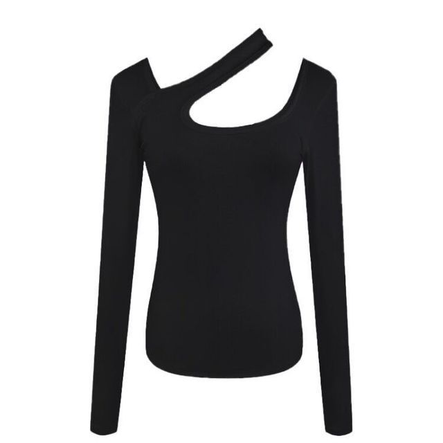 Cutout Asymmetrical Long-Sleeve Neck T-Shirt Plain