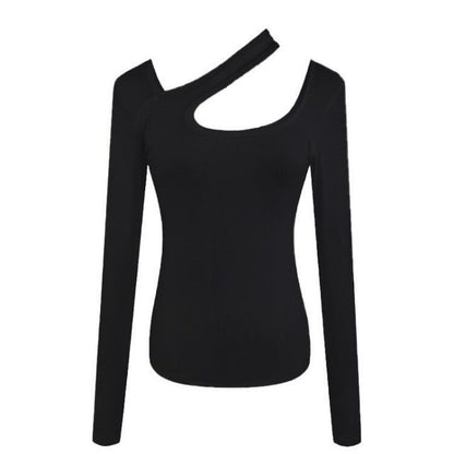 Cutout Asymmetrical Long-Sleeve Neck T-Shirt Plain