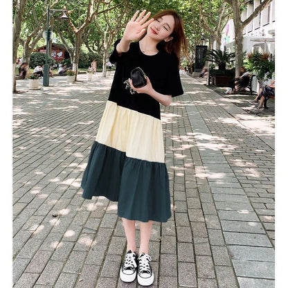 Dress Midi Block Short-Sleeve Crew Neck Color A-Line