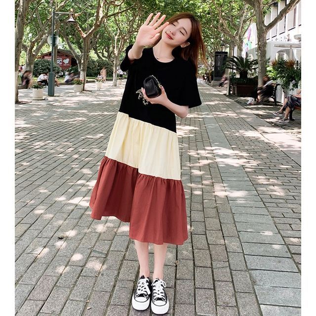 Dress Midi Block Short-Sleeve Crew Neck Color A-Line