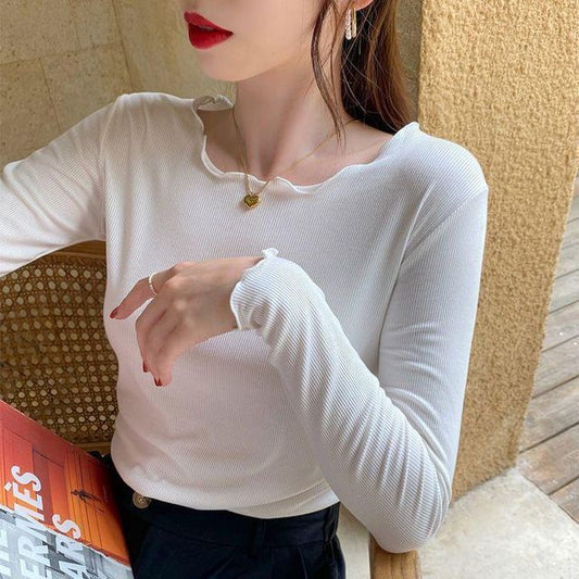 Tee Neck Scoop Lettuce Edge Plain Ribbed Long-Sleeve