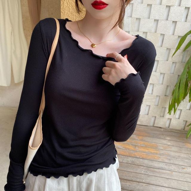Tee Neck Scoop Lettuce Edge Plain Ribbed Long-Sleeve