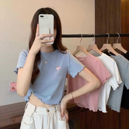 Crop Neck Embroidered Crew T-Shirt Short-Sleeve
