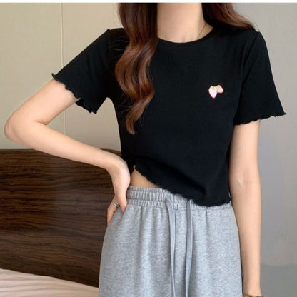 Crop Neck Embroidered Crew T-Shirt Short-Sleeve