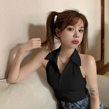 Crop Polo Sleeveless Shirt Plain