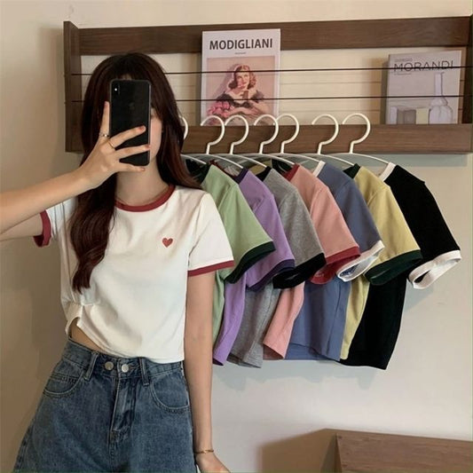Heart Round Trim Tee Neck Short-Sleeve Contrast
