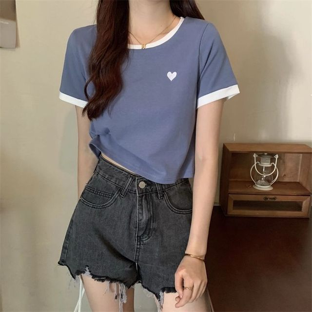 Heart Round Trim Tee Neck Short-Sleeve Contrast