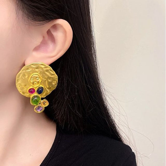 Gemstone Faux Disc Earring Stud