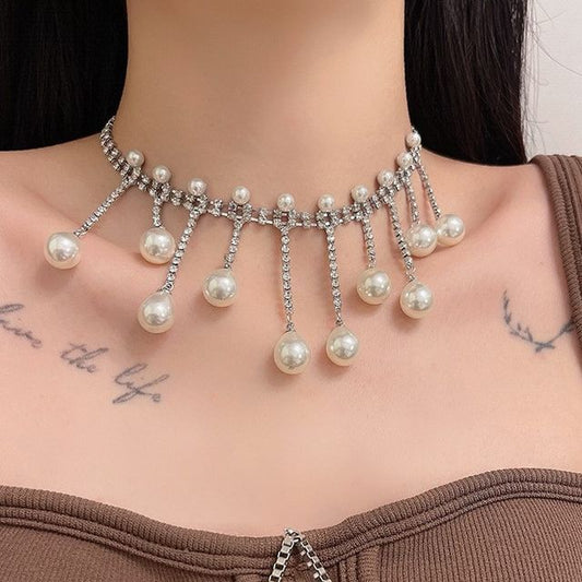 Choker Rhinestone Pearl Faux Fringed Alloy