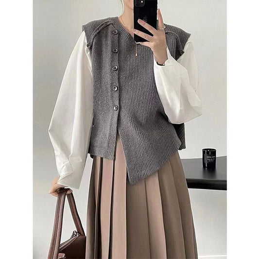 Hem Button-Up Crew Asymmetrical Plain Neck Vest Sweater