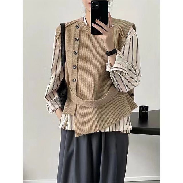 Hem Button-Up Crew Asymmetrical Plain Neck Vest Sweater