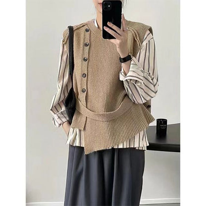Hem Button-Up Crew Asymmetrical Plain Neck Vest Sweater