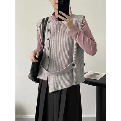 Hem Button-Up Crew Asymmetrical Plain Neck Vest Sweater