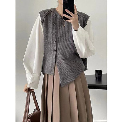 Hem Button-Up Crew Asymmetrical Plain Neck Vest Sweater