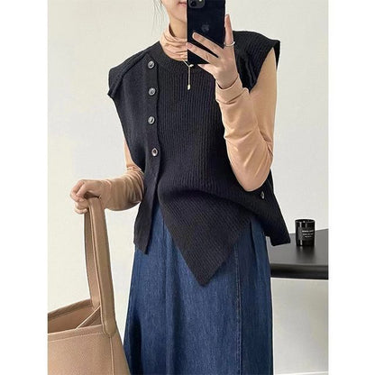 Hem Button-Up Crew Asymmetrical Plain Neck Vest Sweater