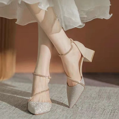 Block Pointy Rhinestone Sandals Heel