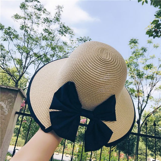 Bow Sun Straw Piped Hat