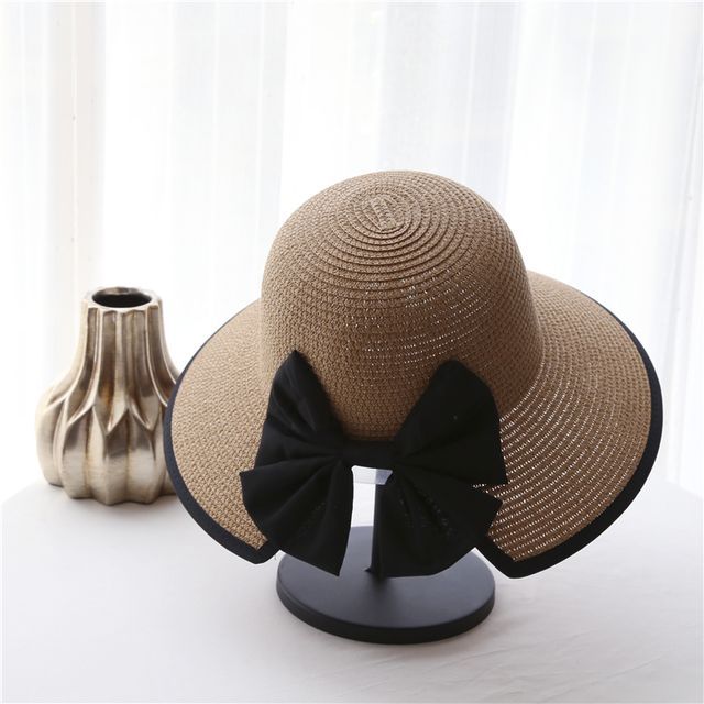 Bow Sun Straw Piped Hat