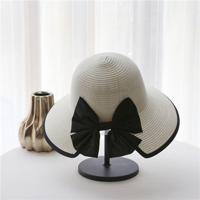 Bow Sun Straw Piped Hat