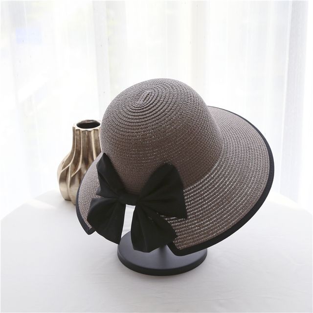 Bow Sun Straw Piped Hat