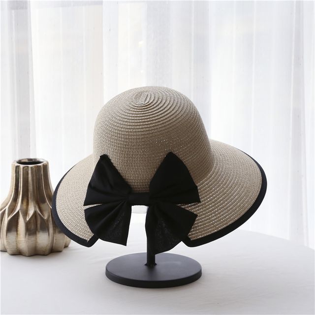 Bow Sun Straw Piped Hat