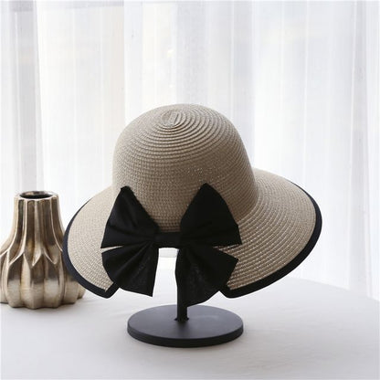 Bow Sun Straw Piped Hat