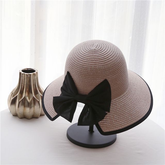Bow Sun Straw Piped Hat