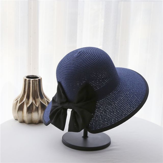 Bow Sun Straw Piped Hat