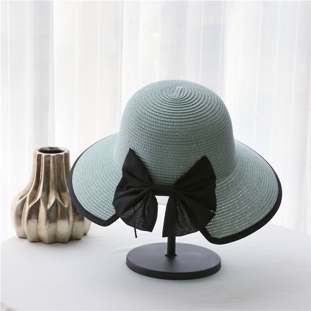 Bow Sun Straw Piped Hat