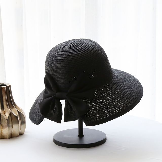 Bow Sun Straw Piped Hat