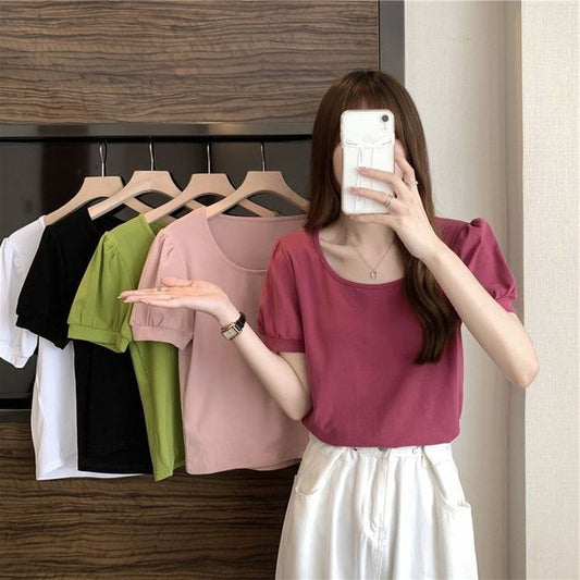 Scoop T-Shirt Puff-Sleeve Neck Plain