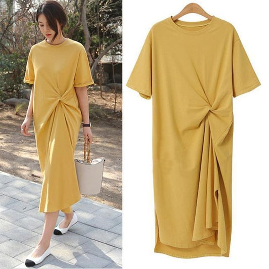 Neck Crew T-Shirt Plain Twist Dress Midi Short-Sleeve