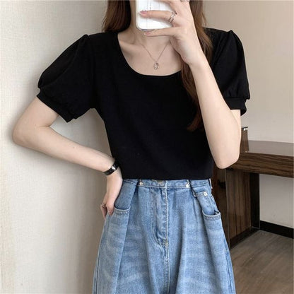 Scoop T-Shirt Puff-Sleeve Neck Plain