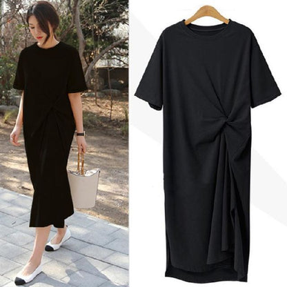 Neck Crew T-Shirt Plain Twist Dress Midi Short-Sleeve