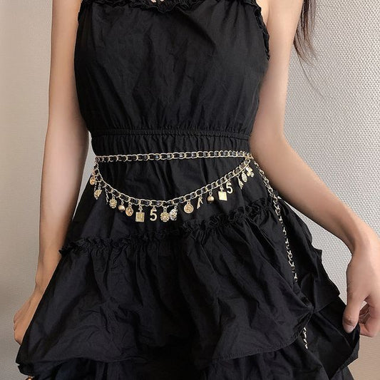 Faux Leather Layered Chain Waist Alloy Fringed Belt
