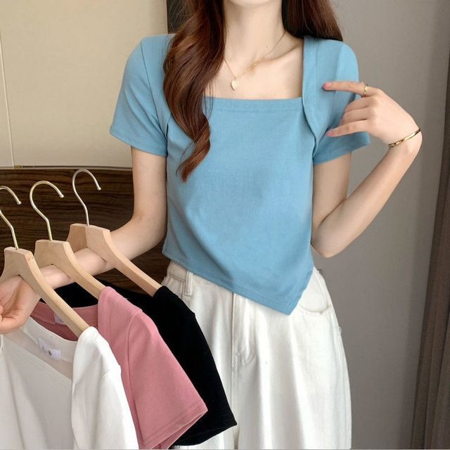 T-Shirt Cropped Neck Square Irregular Short-Sleeve