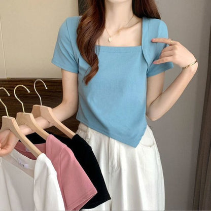 T-Shirt Cropped Neck Square Irregular Short-Sleeve